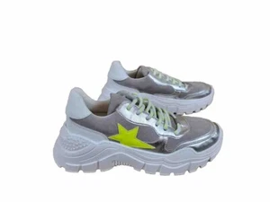 Plateausneaker Schuhe Damen Größe 37 Silber Weiß Neongrün Schnürschuhe Halbschuh - Bild 1 von 6