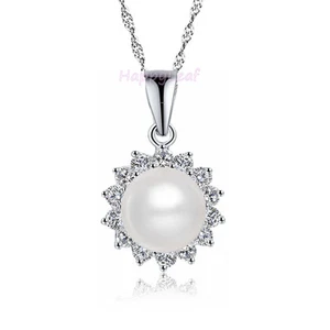 Süßwasserperlen Halskette Anhänger Sterlingsilber Russisch CZ 18" 10-11mm Weiß - Bild 1 von 11