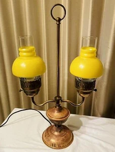 Vintage Double Arm Brass Student Lamp w/ Yellow Glass Shades - Picture 1 of 7