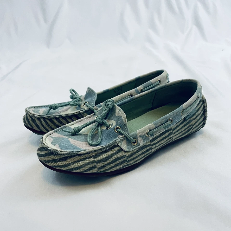Zapato de barco Cole Haan para mujer talla 6 Grant LTE conductor verde azulado crema camuflaje rayas Foto 1 de 4