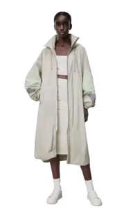 ZARA Oversized Coat Jacket Green Cream Water Repellent Size S-M Hooded Packets - Picture 1 of 13
