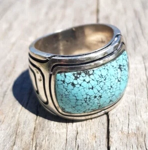 TURQUOISE STERLING SILVER RING SIZE V-1/2 (10.75 US) - Picture 1 of 11
