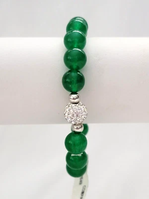 Jadeite Green Dyed Quartz Crystal Pave Center Bead 925 Sterling Stretch Bracelet - Image 1 of 4