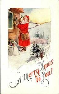MERRY CHRISTMAS TO YOU - SANTA DECORATING - OLD EMBOSSED POSTCARD - Picture 1 of 2