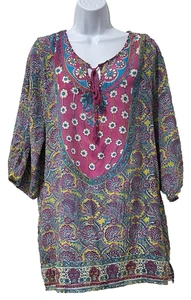 Tolani Tunic Dress Womens XL Floral Geometrical Silk Boho Hippie Coachella - Picture 1 of 14