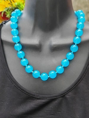 Collar de cuentas de piedras preciosas anudadas grueso de cuarcita azul neón de 13 mm nuevo con etiquetas Foto 1 de 4