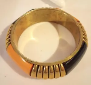 Bangle Bracelet Chunky Brass Alternating Melon & Black Inset Panels 7/8" Wide - Picture 1 of 4