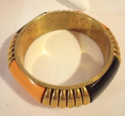 Bangle Bracelet Chunky Brass Alternating Melon & Black Inset Panels 7/8" Wide - Image 1 of 4