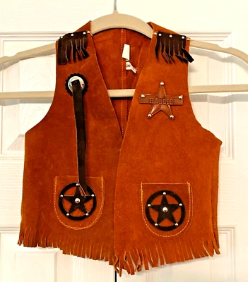 Vtg NEIMAN MARCUS Brown Suede Vest KIDS L Western Sheriff Cowboy Fringe USA Made - Image 1 of 4