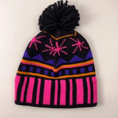 Sombrero de invierno tejido vintage Wigwam hecho en EE. UU. negro con patrón rosa intenso Foto 1 de 4