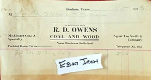 1916 Bonham Texas billhead R.D. Owens Coal and Wood McAlester Coal A Speciality - Picture 1 of 1