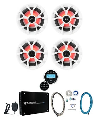 (4) Rockville RKL65MBW 6.5" 700w Marine LED Speakers+Receiver+Amplifier+Amp Kit - Image 1 of 4
