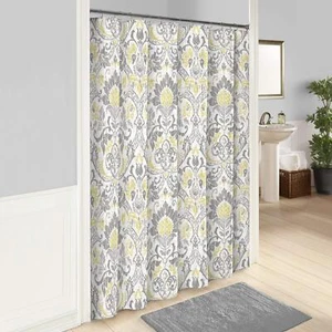 Yellow Grey Damask Shower Curtain White Long Gray Geometrical Bathroom - Picture 1 of 1