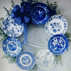 Vintage Blue & White Set 7 Plates For Decor, Wreath, Dinner Ware & More - Picture 1 of 18