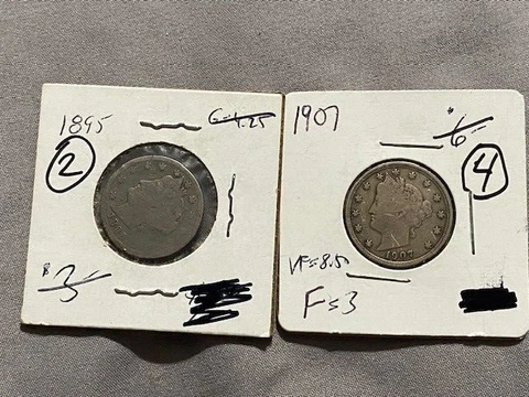 2 Liberty Nickels, 1895 and 1907, 99 Cents Shipping Cover