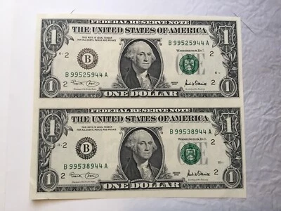 TWO U.S. currency fancy serial numbers... Double radar note 99525944 / 99538944 - Image 1 of 4