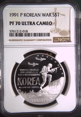 :1991-P S1$ Korean War Commemorative Silver Dollar NGC PF70UC Rarity R4 Top Pop - Image 1 of 2