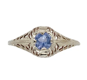 Art Deco Ring 14k Weißgold filigran 0,29ct himmelblau echter Saphir (#J7472) - Bild 1 von 11