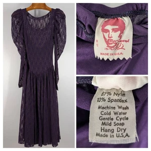 80er Betsey Johnson Punk Label Kleid Lila Spitze Bodycon Puffärmel Blumen Goth - Bild 1 von 5