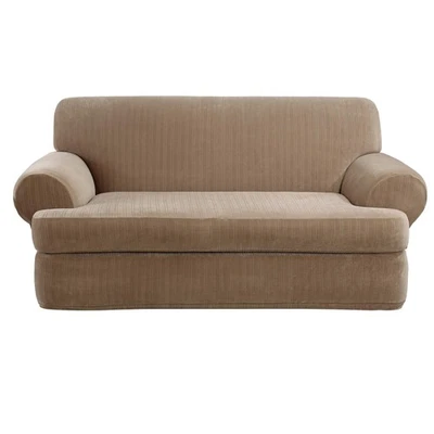 Funda elástica a rayas 2 piezas - Loveseat - Taupe Foto 1 de 4