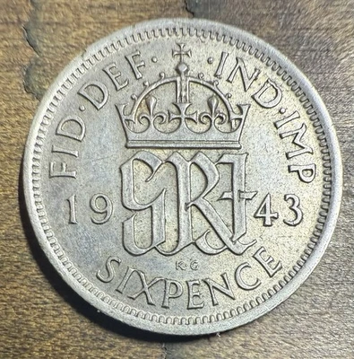 Reino Unido Plata 1943 6 Peniques - Primera Moneda Jorge VI KM# 852 Foto 1 de 2