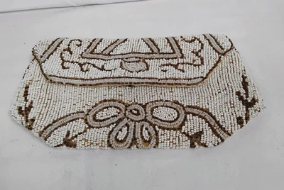 Vintage Handmade Beaded Clutch Bag Beige Floral Design - HB26 - Image 1 of 4