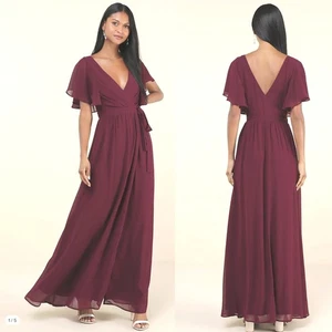 Neu ohne Etikett Lulus M überzeugende Grace burgunderrot Flatterärmel Wickel-Maxikleid weinrot - Bild 1 von 7