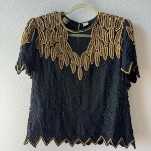 Blusa vintage Laurence Kazar seda lentejuelas cuentas negro dorado talla XL - Imagen 1 de 12