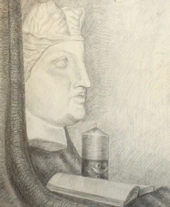 Vintage pencil painting still life with candle, book and sculpture - Picture 1 of 10