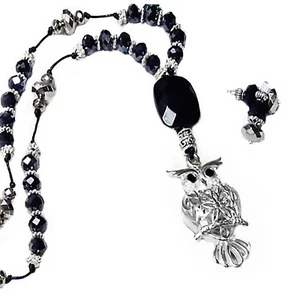 Owl Charm long necklace black crystal optional earrings - Bild 1 von 4