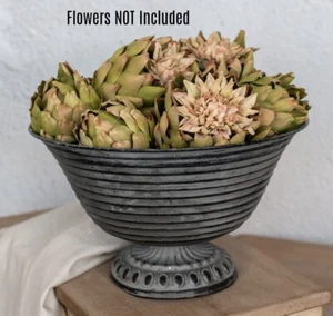 New Primitive Farmhouse Vintage LARGE METAL FLUTED PEDESTAL BOWL Black Gray - Picture 1 of 1