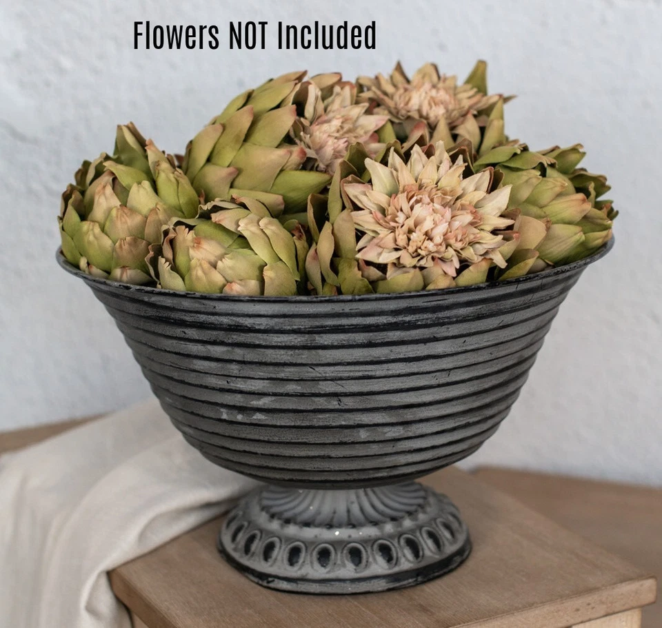 Nuevo Primitive Farmhouse Vintage GRAN CUENCO DE PEDESTAL ACANALADO DE METAL Negro Gris Foto 1 de 1