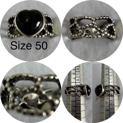 PANDORA SILVER & BLACK ONYX HEART MI AMOUR RING SIZE 50 REF 190874ON — 第 1/4 张图片