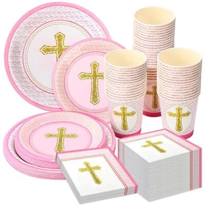 24 Set Pink Baptism Plates Napkins Cups First Communion Christening Baby - Picture 1 of 5