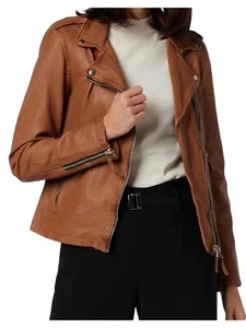 Giacca Pelle Donna Donna Motociclista Taglia Moto Morbida Vintage Zip Tan 15 - Foto 1 di 6