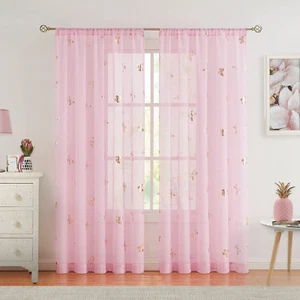 Pink Butterfly Sheer Curtain Panels Metallic Gold Print Drapes for Girls Bedroom - Picture 1 of 12