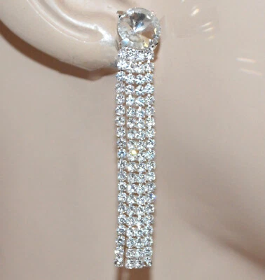Orecchini donna a clips argento cristallo fili strass pendenti lunghi sposa UX61 - Immagine 1 di 2
