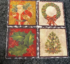 Set of 4 Vintage Classic Christmas Ceramic Coasters Santa Wreath Holly Tree VTG - Picture 1 of 10