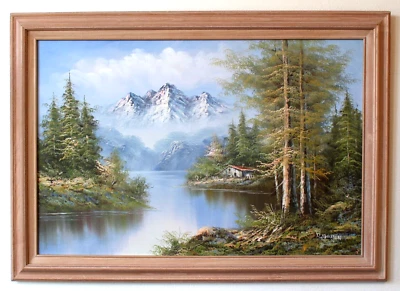 Vintage Oil Painting by R. Boren Cabin Creek Mountains Bob Ross Style 41"x29" - Image 1 of 4