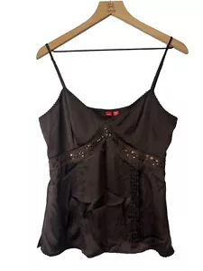 Y2K 2000s Esprit Brown Satin Beaded Sequin Boho Fairy Grunge Cami Tank Top Large - Picture 1 of 14