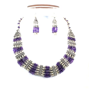 Collar Pendientes Natural Púrpura Amatista Piedras Preciosas Cuentas Hecho a Mano Joyería - Imagen 1 de 4