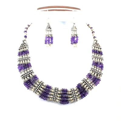 Collar Pendientes Natural Púrpura Amatista Piedras Preciosas Cuentas Hecho a Mano Joyería Foto 1 de 4