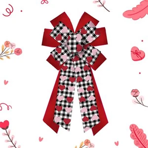Large Valentine Wreath Bows Red Buffalo Plaid Heart Tree Topper Wedding Decor - Picture 1 of 5