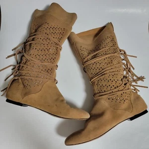 Madison Harding hohe Stiefel Wildleder Leder Laser Cut Fransen camel perforiert 7,5  - Bild 1 von 12