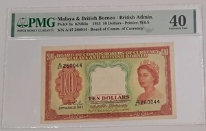 1953 Malaya & British Borneo Ten Dollars QE II SN# A47260044 PMG 40 Banknote - Picture 1 of 4