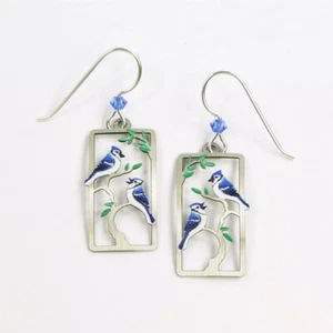 Sienna Sky Earrings Sterling Silver Hook Two Blue Jay Birds in Tree Unique - Picture 1 of 5