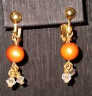 Vintage Cultured PEACH PEARL, AB Crystals Dangle EARRINGS Gold Filled Screw back
