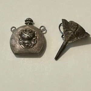 Vtg Sterling Silver Floral Perfume Poison Snuff Vial Pendant Bottle and Funnel - Picture 1 of 14