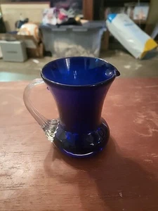Vintage Pilgrim Glass Cobalt Blue Pitcher 4” w/Clear Ribbed Applied Handle - Picture 1 of 5