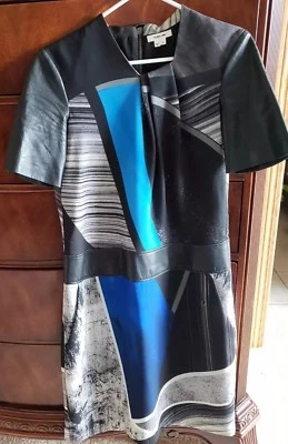 Vestido Helmut Lang Azul Estampado Fractura Crepe De Chine y Cuero 8 Usado en Excelente Condición 2x Foto 1 de 4